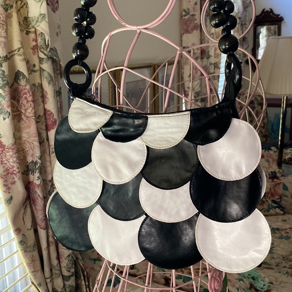 Black / White Petal Tier Pleather Purse with Beaded Straps Handbag/Shoulder Bag - Picture 11 of 11